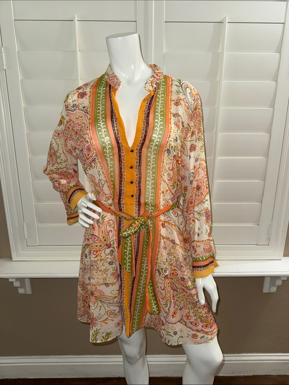Zara Floral Paisley Print Tie Waist Mini Shirt Dress
